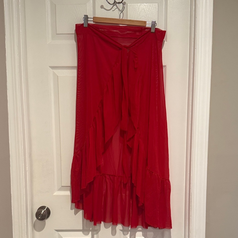 Red Floral Accent Plunge One-Piece Swimsuit & Matching Maxi Skirt Set - Picture 10 of 15